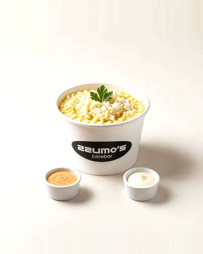 Causa rellena de pollo deshilachado servida en vaso, con sus cremas