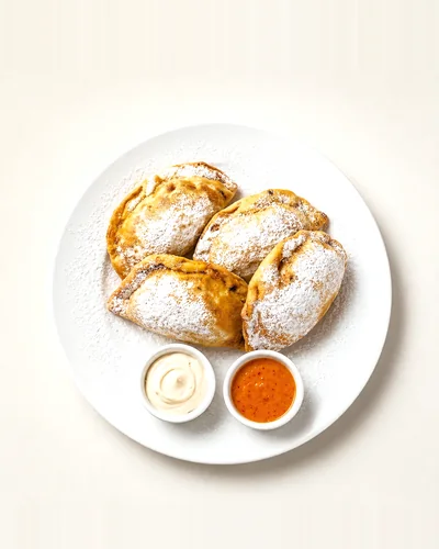 Empanadas horneadas y doradas, servidas con sus cremas