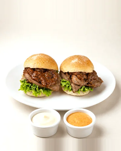 Dos panes con asado y lechuga, con cremas al costado