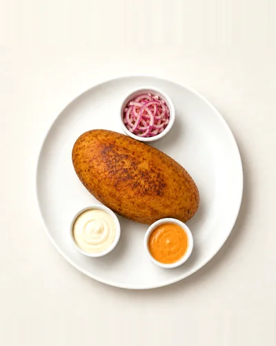 Papa rellena dorada en plato, con salsa criolla y sus cremas