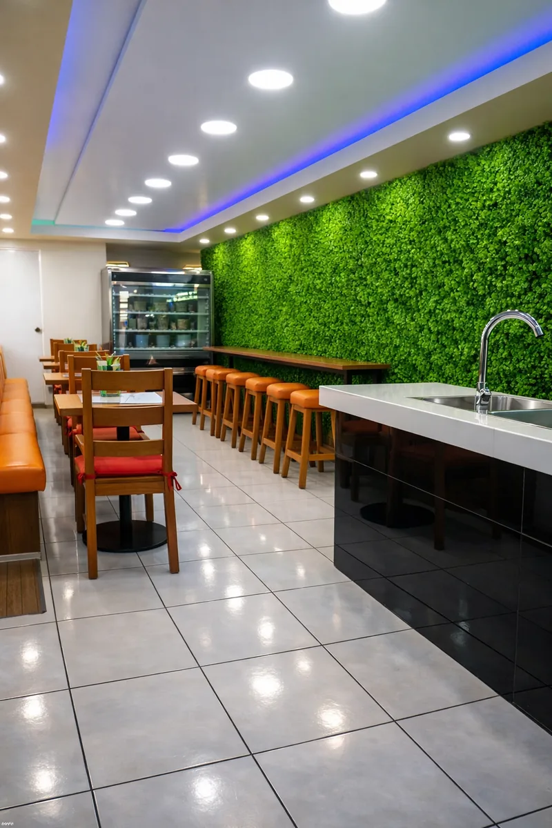 Salón de Zzumos con barra, taburetes y muro verde de follaje